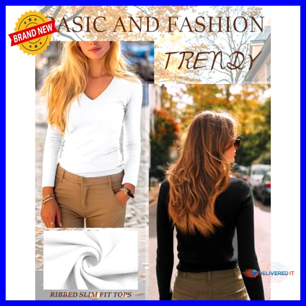 Long Sleeve V Neck T-Shirts Cotton Slim Fit Layering Basic Tees Casual - Picture 2 of 7